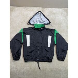 Vintage 90s Asics Windbreaker Mens Small Black White Green Nylon Full Zip Hooded